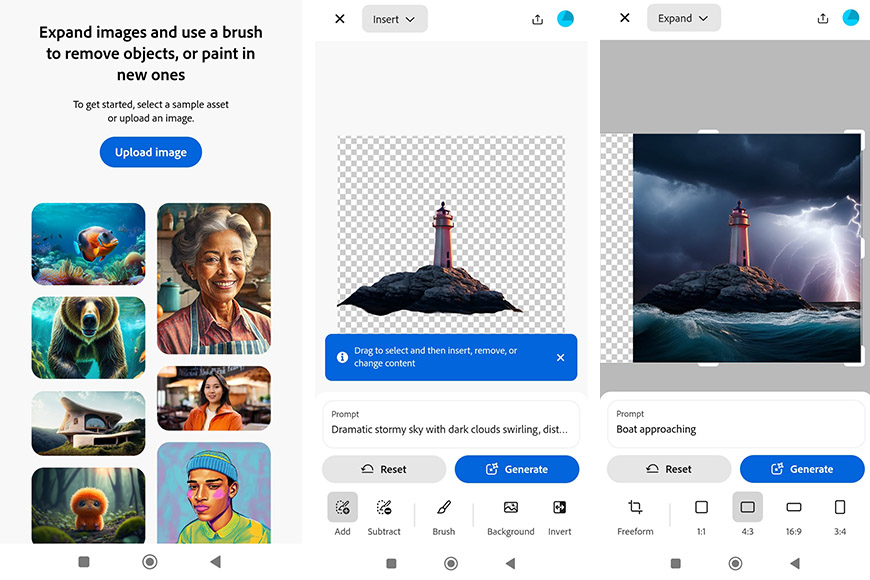 Trois écrans de smartphone affichent une interface d'application d'édition d'image avec des options pour télécharger, modifier et développer des images à l'aide d'invites et de pinceaux générés par AI-AI.