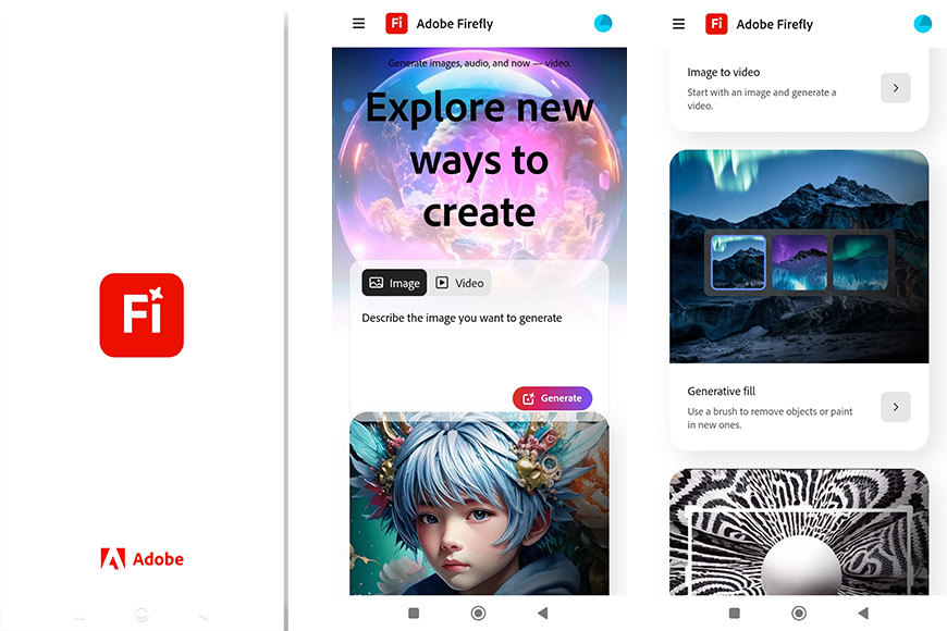 Capture d'écran de l'interface d'application Adobe Firefly montrant des options pour générer des images ou des vidéos, avec un en-tête sur le thème de la fantaisie et un portrait généré par l'AI d'un personnage.