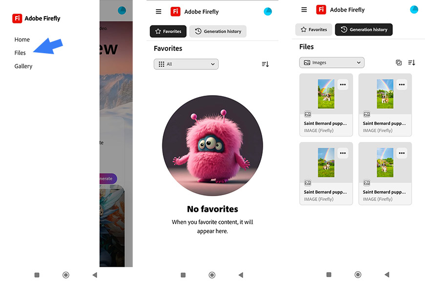 Trois captures d'écran mobiles affichent l'application Adobe Firefly affichant le menu de navigation, une page Favoris sans contenu et une page de fichiers affichant des images de chiots générées.