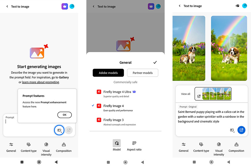Trois captures d'écran de smartphone montrent une interface d'application de génération d'images AI, y compris l'entrée rapide, la sélection du modèle et les résultats de l'image avec des chiens et des arcs-en-ciel.
